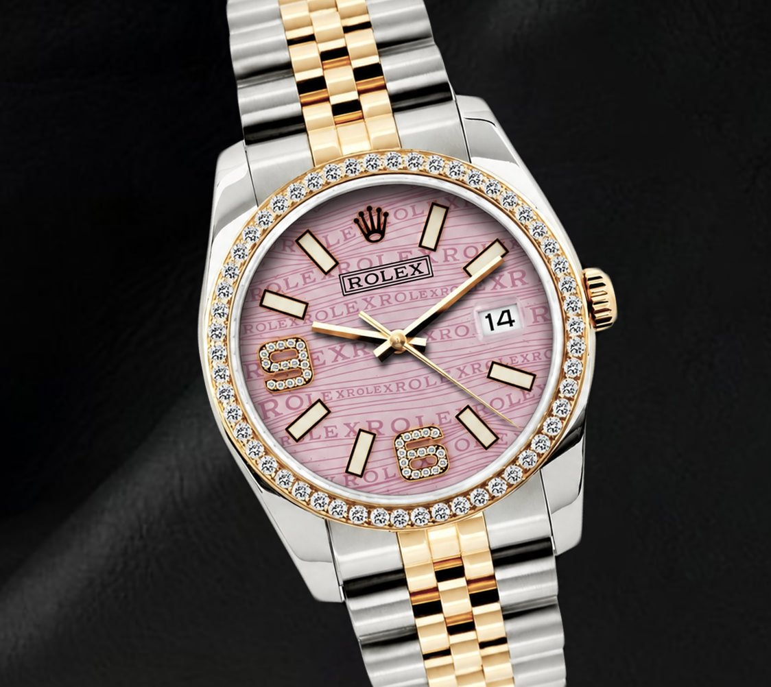 Rolex 16013 Pink Wave Arabic Diamond Dial Datejust 36mm Diamond Bezel Watch