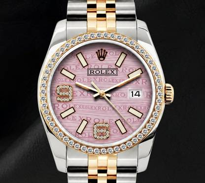 Rolex 16013 Pink Wave Arabic Diamond Dial Datejust 36mm Diamond Bezel Watch