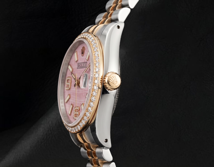 Rolex 16013 Pink Wave Arabic Diamond Dial Datejust 36mm Diamond Bezel Watch