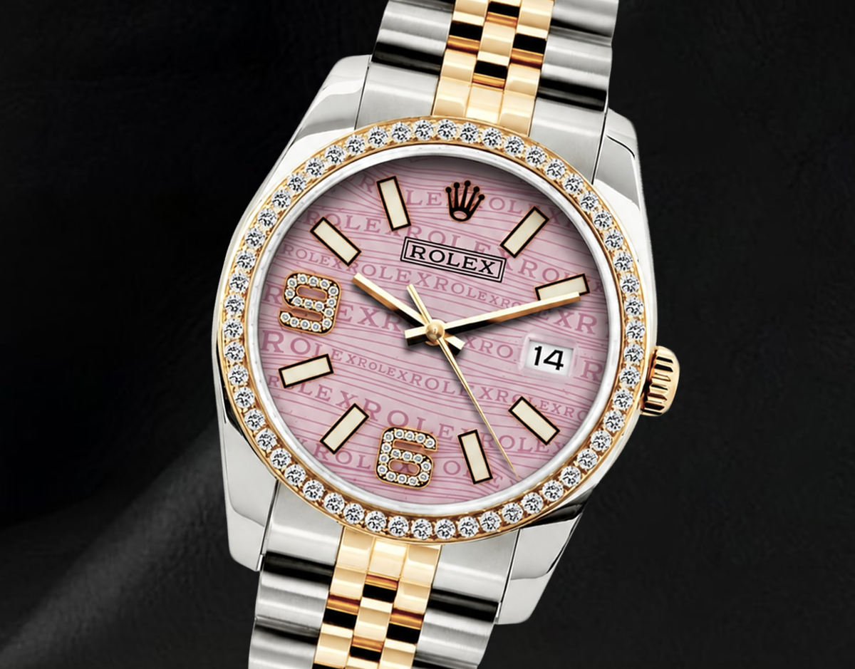 Rolex 16013 Pink Wave Arabic Diamond Dial Datejust 36mm Diamond Bezel Watch