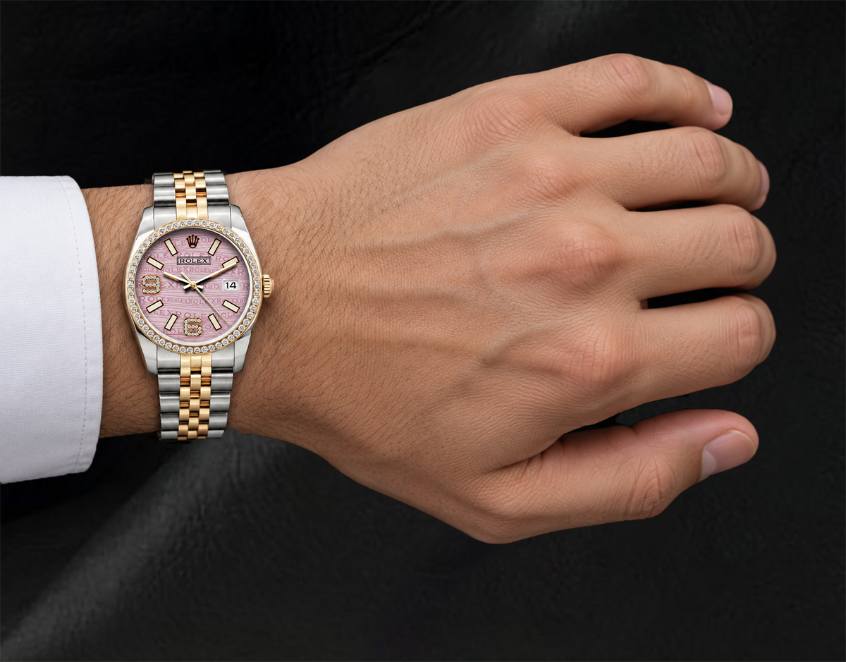 Rolex 16013 Pink Wave Arabic Diamond Dial Datejust 36mm Diamond Bezel Watch
