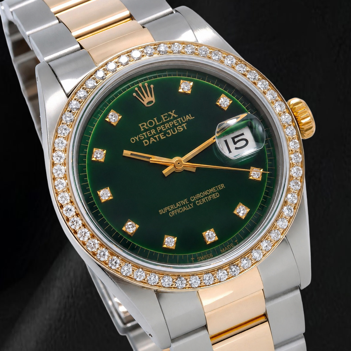 Rolex 1601 Datejust 36mm Green Diamond Dial Two Tone Watch