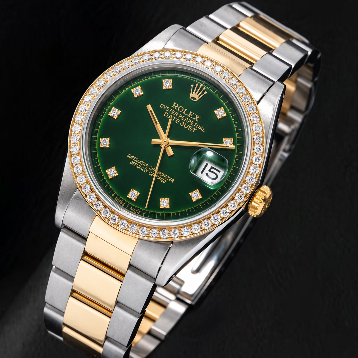 Rolex 1601 Datejust 36mm Green Diamond Dial Two Tone Watch