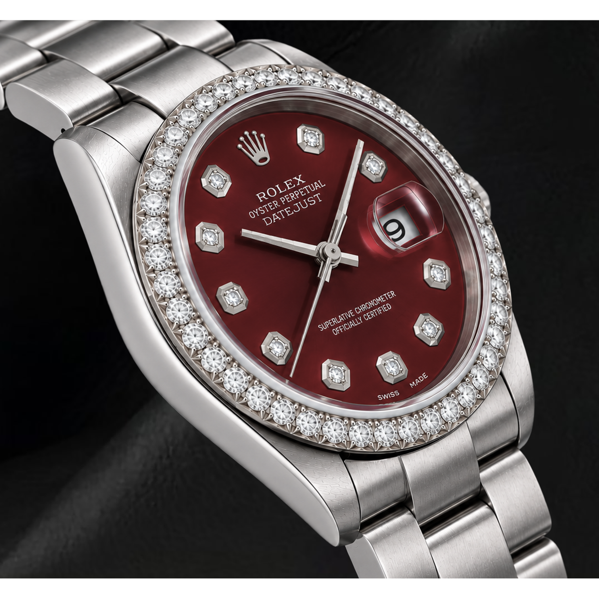 Rolex 16200 Datejust 36mm Red Diamond Dial Stainless Steel Watch