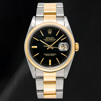 Rolex 16203 Datejust 36mm Black Stick Dial Two Tone Oyster Bracelet Watch