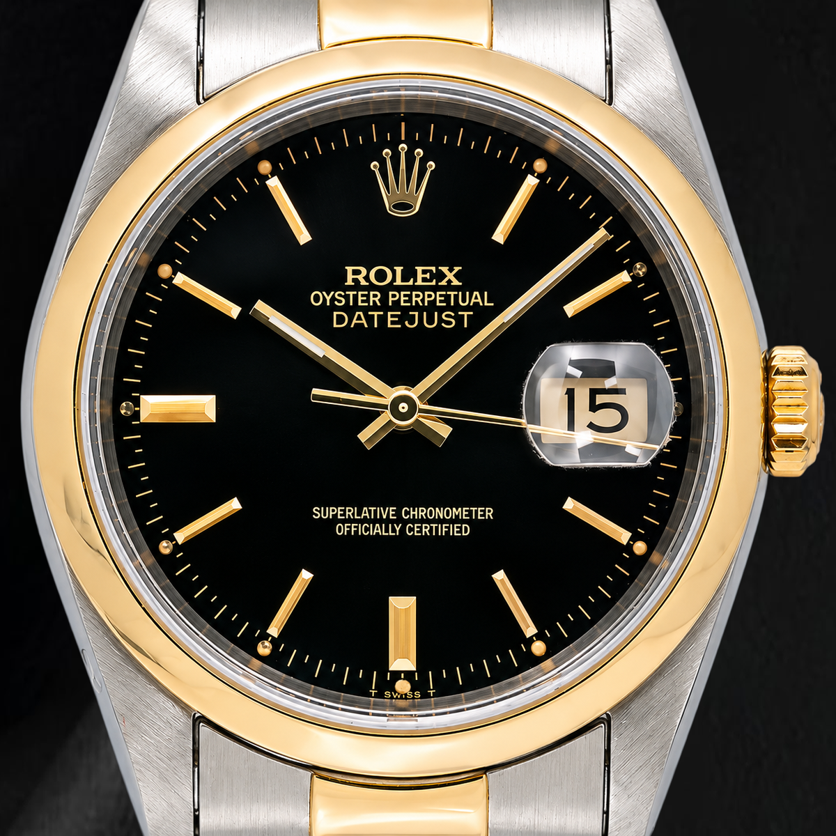 Rolex 16203 Datejust 36mm Black Stick Dial Two Tone Oyster Bracelet Watch