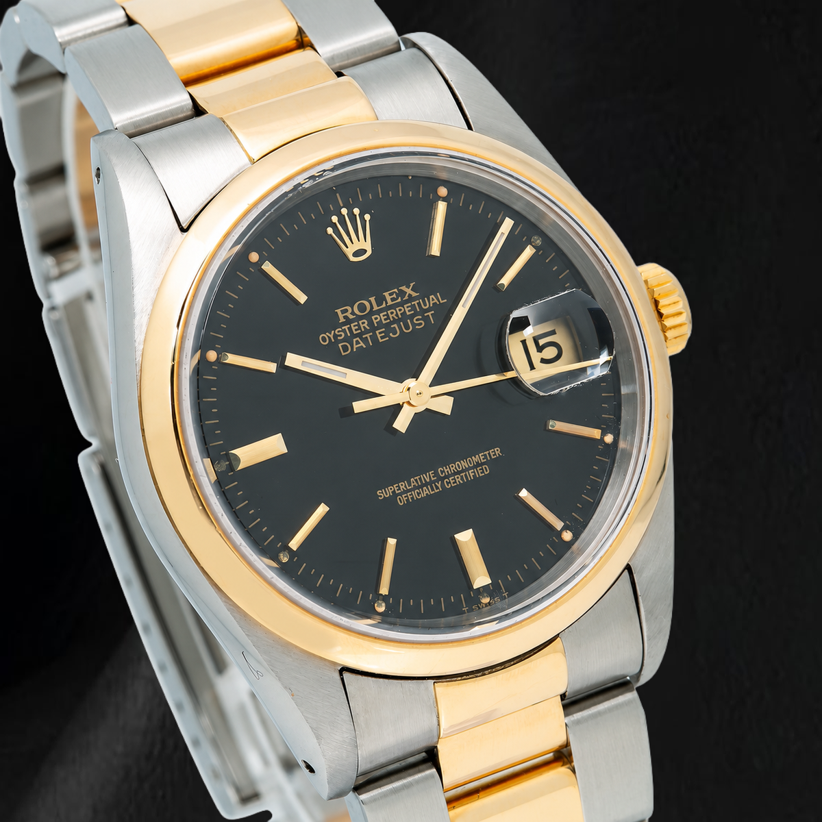 Rolex 16203 Datejust 36mm Black Stick Dial Two Tone Oyster Bracelet Watch