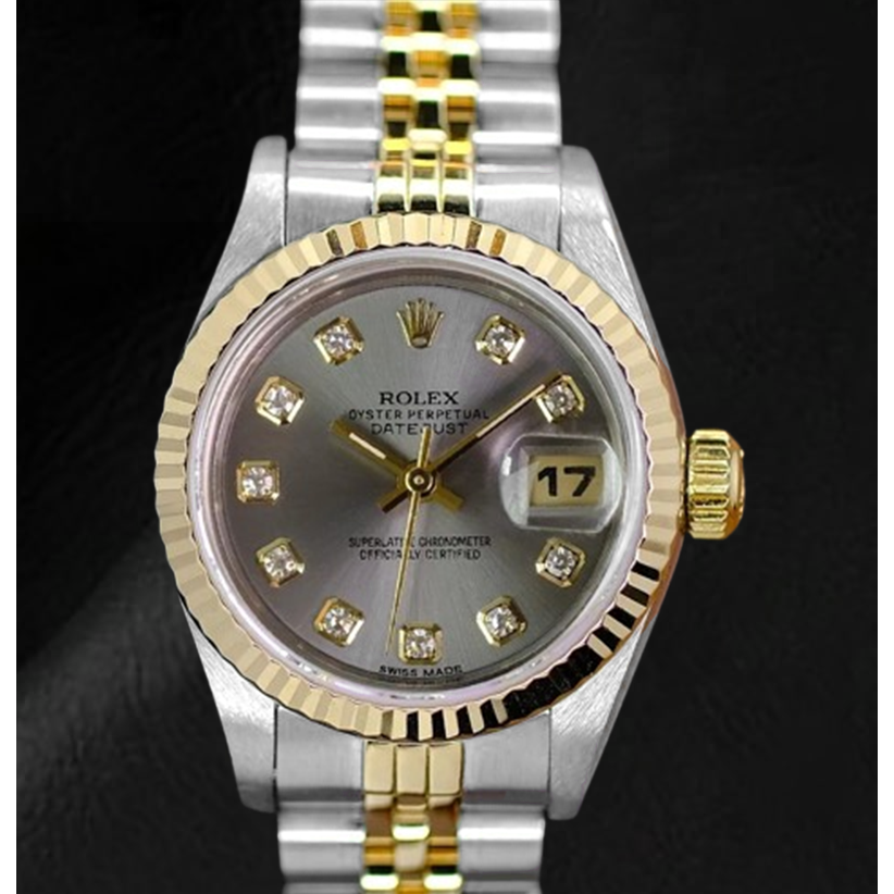 Rolex Year 2001 Datejust Gray Diamond Dial 26 mm Two Tone Ladies Watch