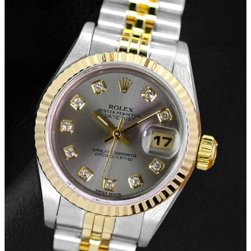 Rolex Year 2001 Datejust Gray Diamond Dial 26 mm Two Tone Ladies Watch