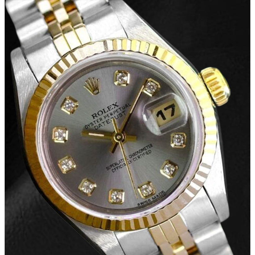 Rolex Year 2001 Datejust Gray Diamond Dial 26 mm Two Tone Ladies Watch
