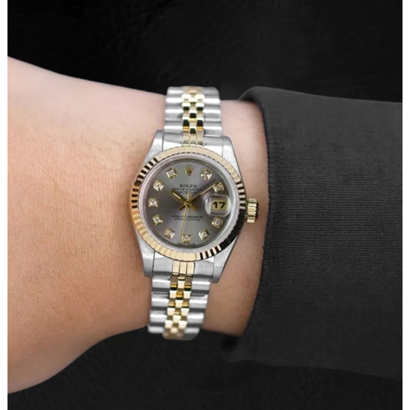 Rolex Year 2001 Datejust Gray Diamond Dial 26 mm Two Tone Ladies Watch