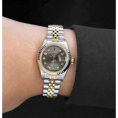 Rolex Year 2001 Datejust Gray Diamond Dial 26 mm Two Tone Ladies Watch