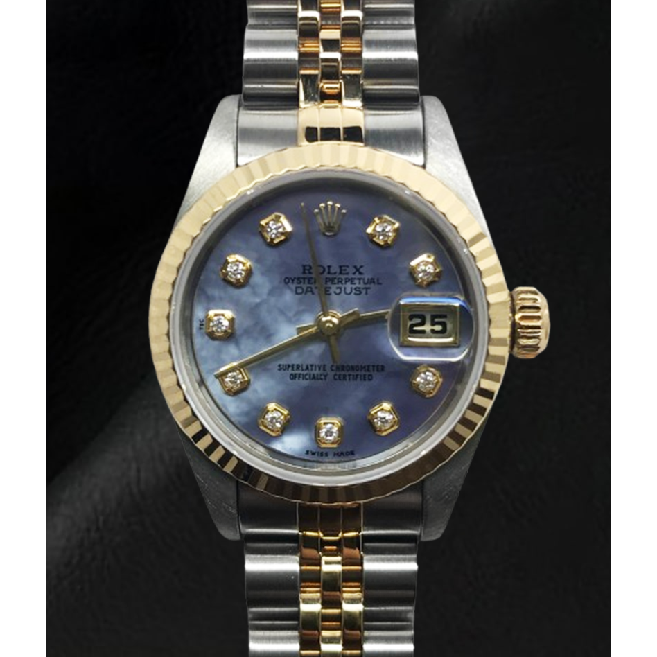 Rolex Year 2001 Datejust Gray Mother Of Pearl Diamond Dial 26 mm Two Tone Watch