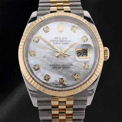 Rolex 2010 Year Datejust 36mm White Mother Of Pearl Diamond Dial Fluted Bezel Two Tone Watch With Hidden Clasp
