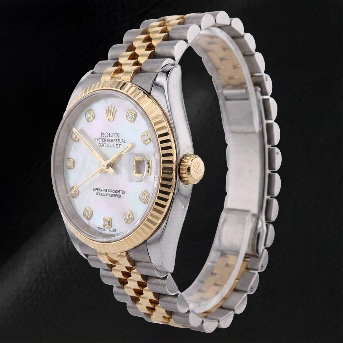 Rolex 2010 Year Datejust 36mm White Mother Of Pearl Diamond Dial Fluted Bezel Two Tone Watch With Hidden Clasp