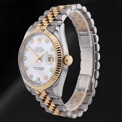 Rolex 2010 Year Datejust 36mm White Mother Of Pearl Diamond Dial Fluted Bezel Two Tone Watch With Hidden Clasp