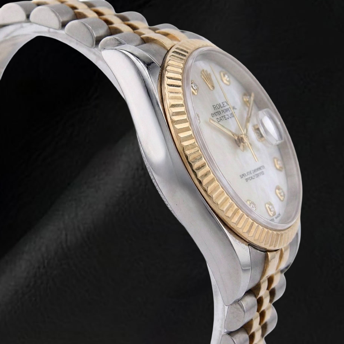 Rolex 2010 Year Datejust 36mm White Mother Of Pearl Diamond Dial Fluted Bezel Two Tone Watch With Hidden Clasp