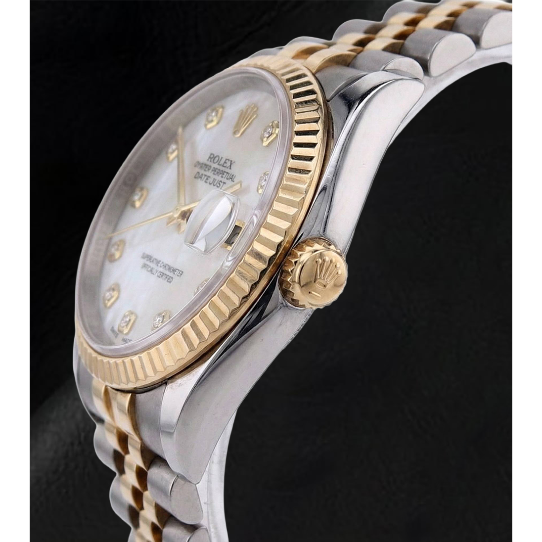 Rolex 2010 Year Datejust 36mm White Mother Of Pearl Diamond Dial Fluted Bezel Two Tone Watch With Hidden Clasp