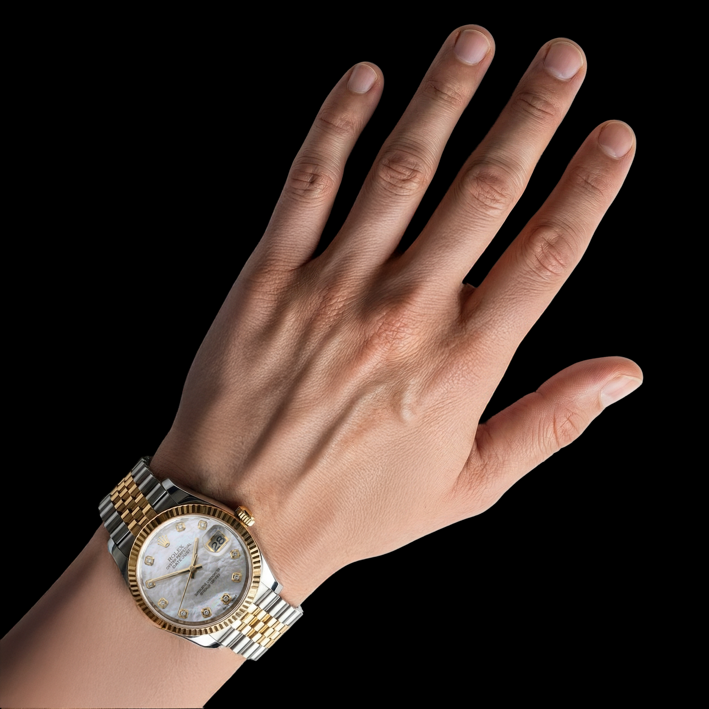 Rolex 2010 Year Datejust 36mm White Mother Of Pearl Diamond Dial Fluted Bezel Two Tone Watch With Hidden Clasp