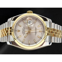 Rolex 2010 Year Datejust Silver Stick Dial Fluted Bezel 36mm Watch Two Tone With Hidden Clasp