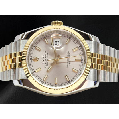 Rolex 2010 Year Datejust Silver Stick Dial Fluted Bezel 36mm Watch Two Tone With Hidden Clasp