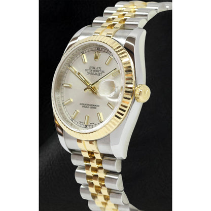 Rolex 2010 Year Datejust Silver Stick Dial Fluted Bezel 36mm Watch Two Tone With Hidden Clasp