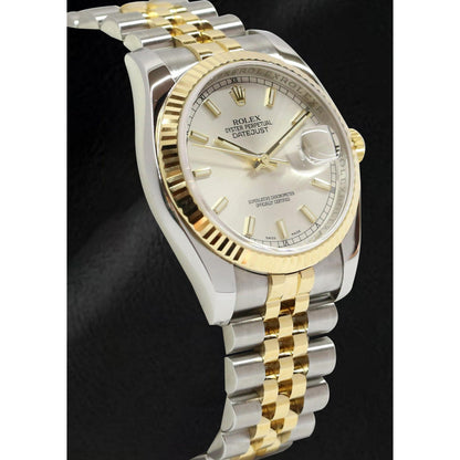 Rolex 2010 Year Datejust Silver Stick Dial Fluted Bezel 36mm Watch Two Tone With Hidden Clasp