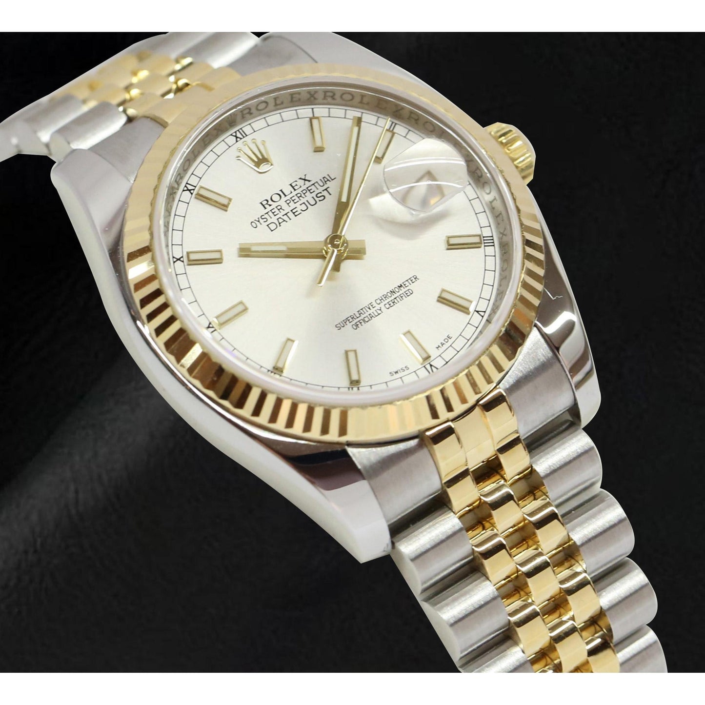 Rolex 2010 Year Datejust Silver Stick Dial Fluted Bezel 36mm Watch Two Tone With Hidden Clasp
