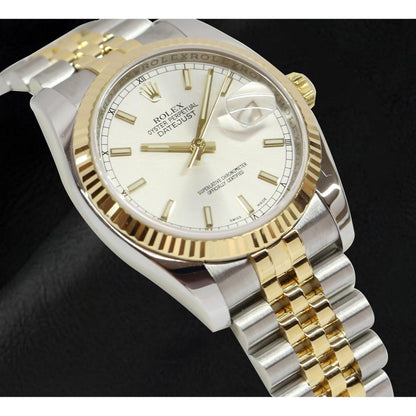 Rolex 2010 Year Datejust Silver Stick Dial Fluted Bezel 36mm Watch Two Tone With Hidden Clasp