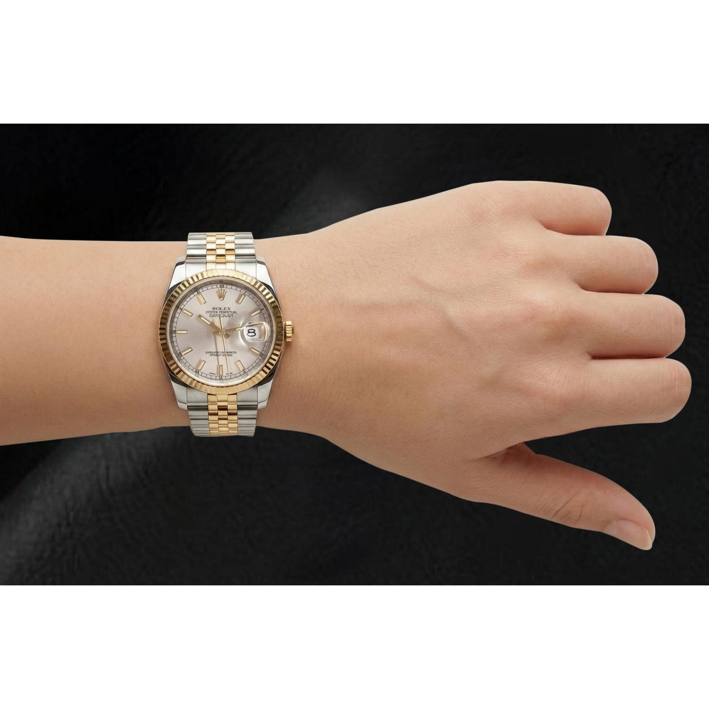 Rolex 2010 Year Datejust Silver Stick Dial Fluted Bezel 36mm Watch Two Tone With Hidden Clasp
