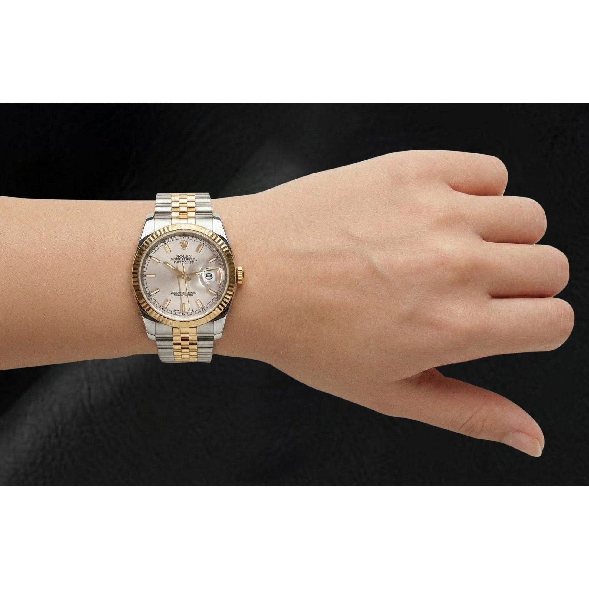 Rolex 2010 Year Datejust Silver Stick Dial Fluted Bezel 36mm Watch Two Tone With Hidden Clasp