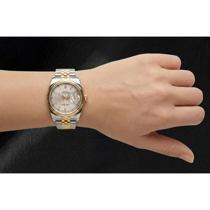Rolex 2010 Year Datejust Silver Stick Dial Fluted Bezel 36mm Watch Two Tone With Hidden Clasp