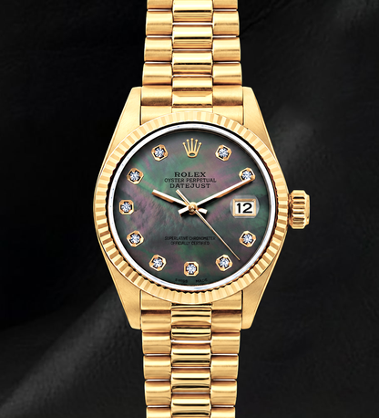 Rolex 26mm Datejust 69178 Black Mother of Pearl Diamond Dial 18K Gold Watch