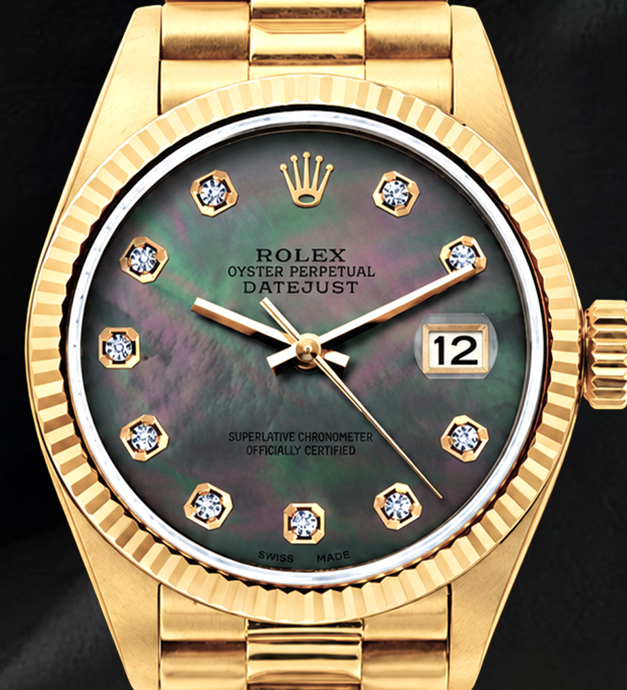 Rolex 26mm Datejust 69178 Black Mother of Pearl Diamond Dial 18K Gold Watch