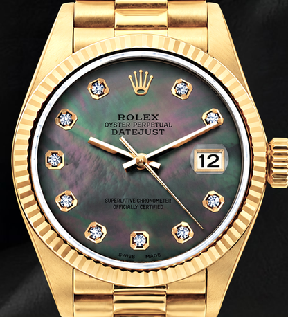 Rolex 26mm Datejust 69178 Black Mother of Pearl Diamond Dial 18K Gold Watch