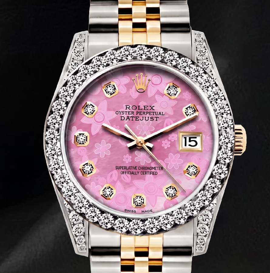 Rolex 26mm Datejust 6917 Pink Floral Diamond Dial Two Tone Watch