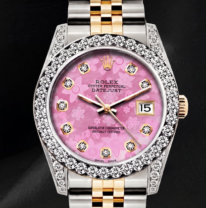 Rolex 26mm Datejust 6917 Pink Floral Diamond Dial Two Tone Watch