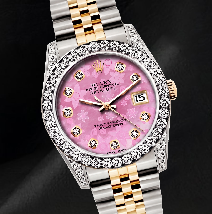 Rolex 26mm Datejust 6917 Pink Floral Diamond Dial Two Tone Watch