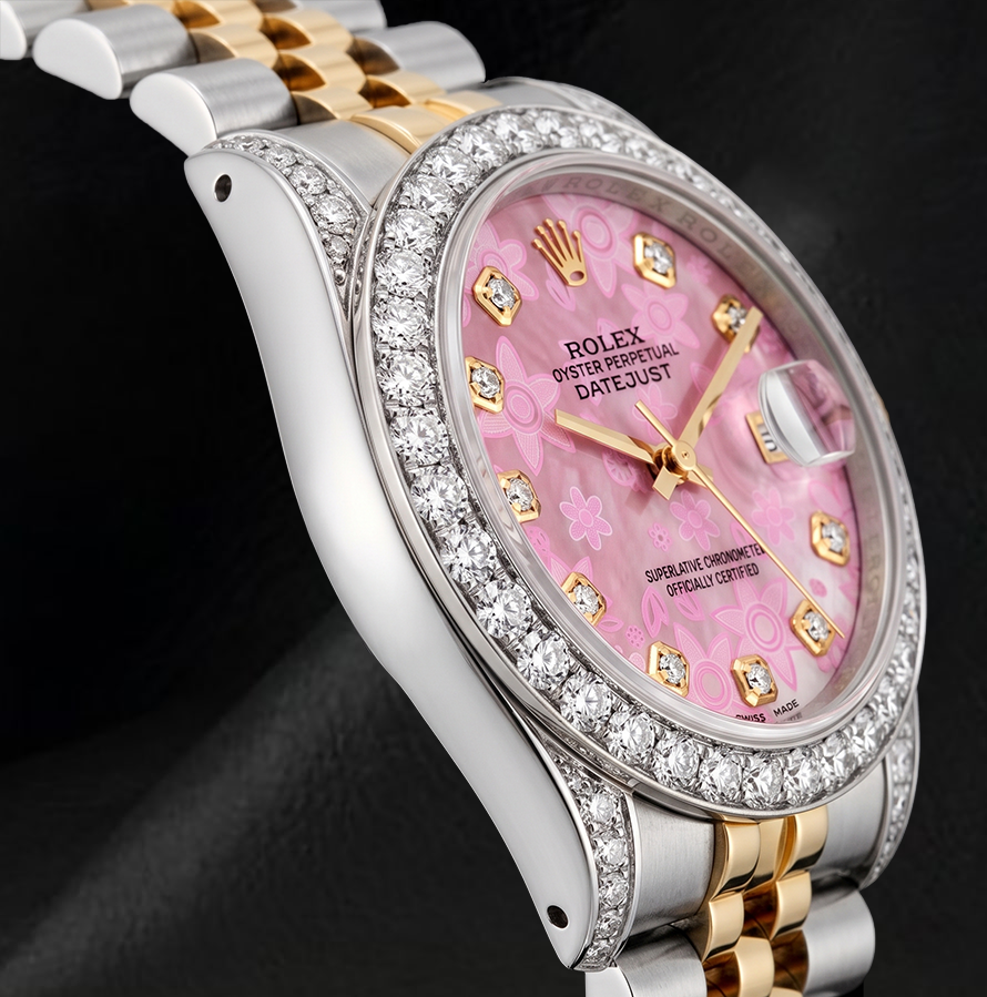 Rolex 26mm Datejust 6917 Pink Floral Diamond Dial Two Tone Watch