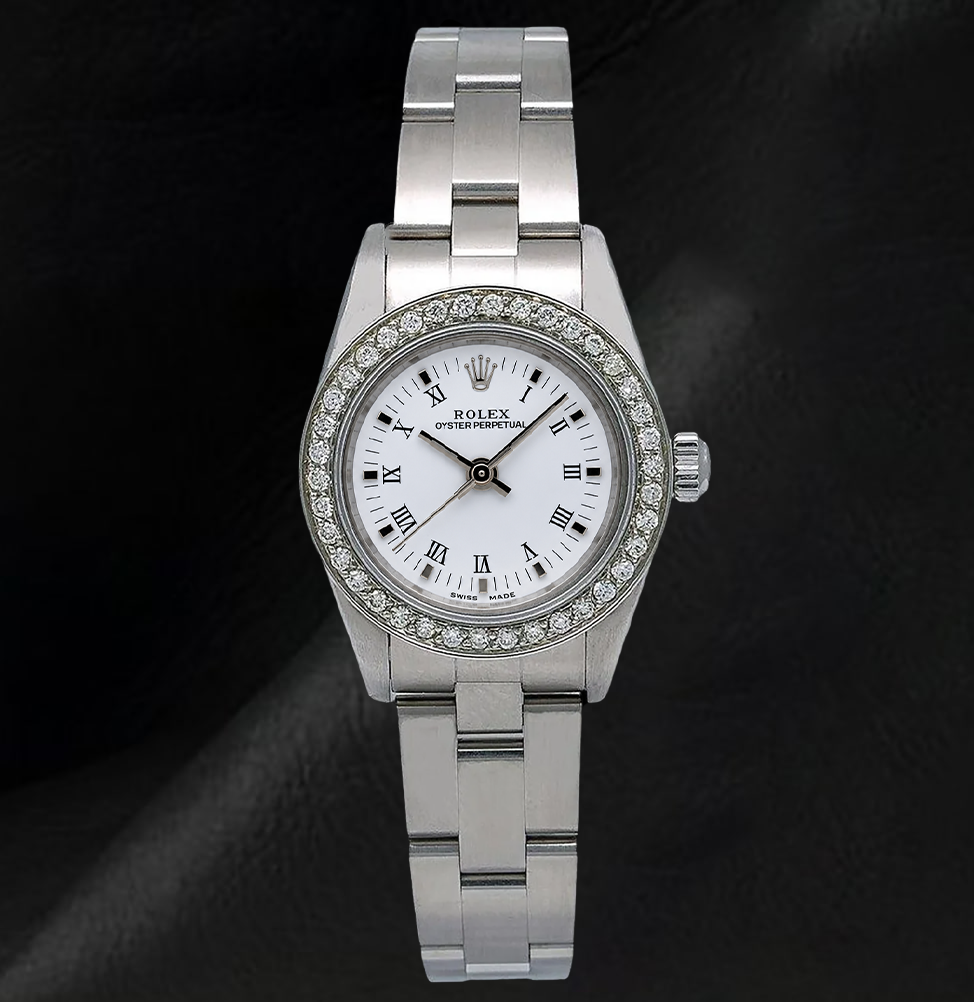 Rolex 26mm Oyster Perpetual 67193 White Roman Dial Stainless Steel Watch