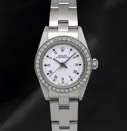 Rolex 26mm Oyster Perpetual 67193 White Roman Dial Stainless Steel Watch
