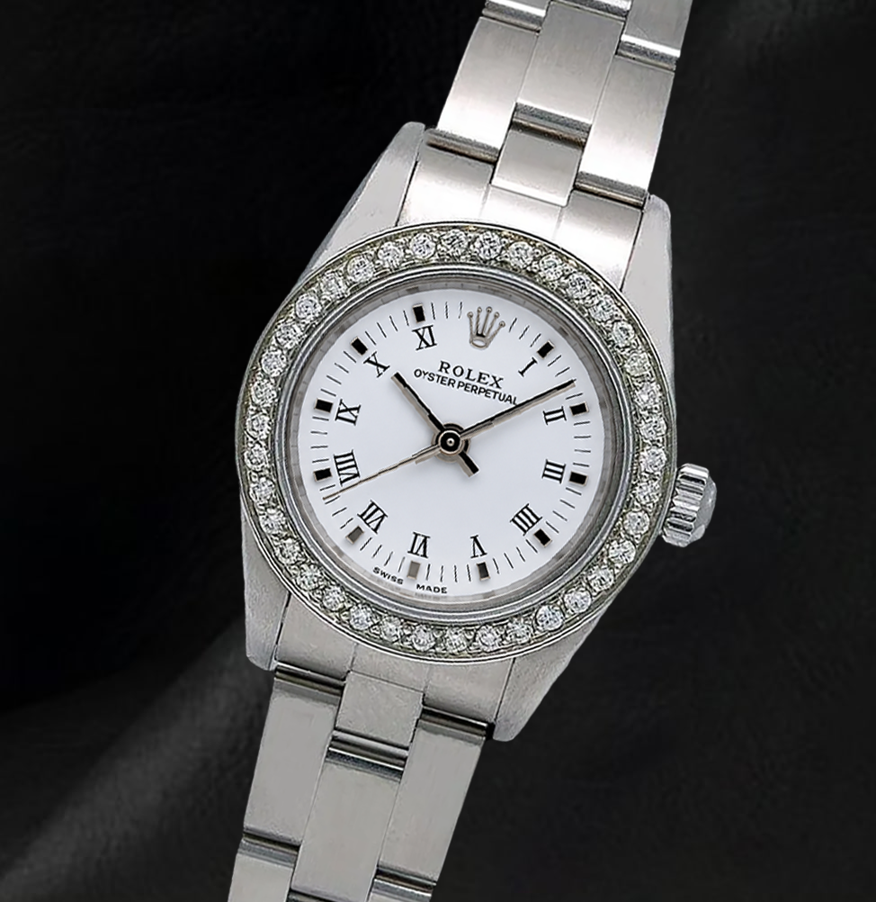 Rolex 26mm Oyster Perpetual 67193 White Roman Dial Stainless Steel Watch