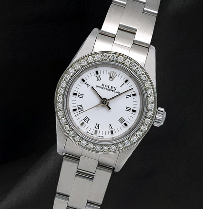 Rolex 26mm Oyster Perpetual 67193 White Roman Dial Stainless Steel Watch