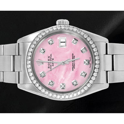 Rolex 31 mm Pink Mother of Pearl Diamond Dial Oyster Stainless Steel Watch