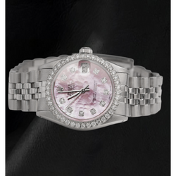 Rolex 31mm Pink Mother Of Pearl Diamond Dial Stainless Steel Watch