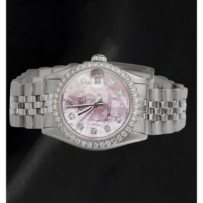 Rolex 31mm Pink Mother Of Pearl Diamond Dial Stainless Steel Watch