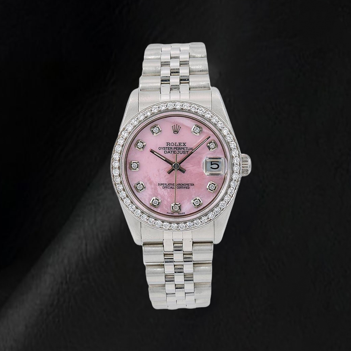 Rolex 31mm Pink Mother Of Pearl Diamond Dial Stainless Steel Watch