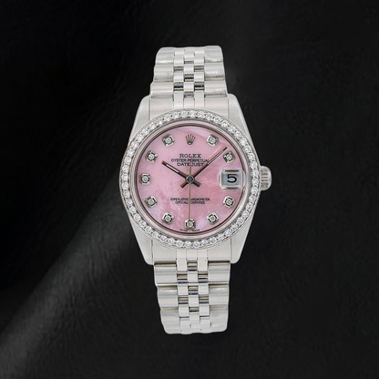 Rolex 31mm Pink Mother Of Pearl Diamond Dial Stainless Steel Watch