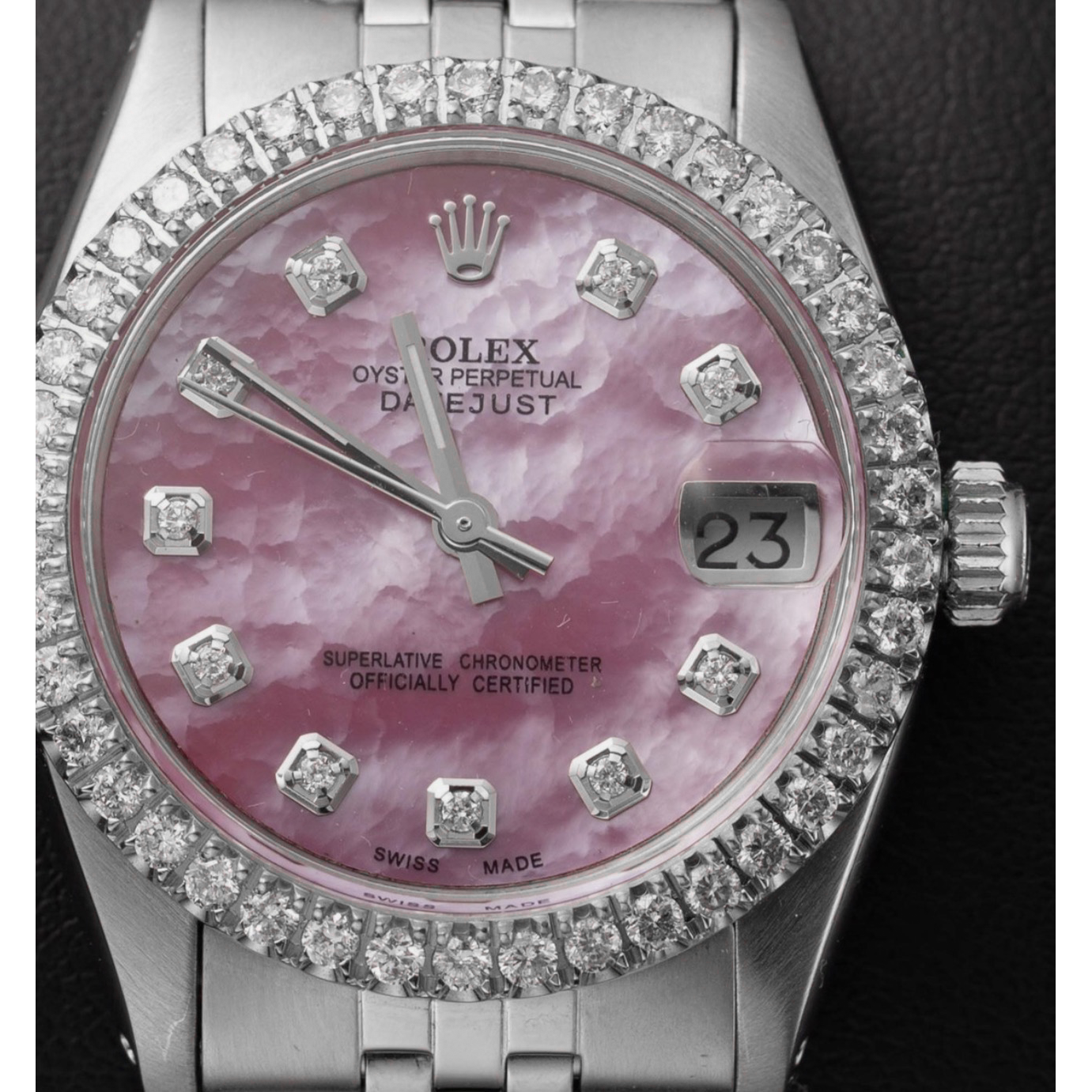 Rolex 31mm Pink Mother Of Pearl Diamond Dial Stainless Steel Watch