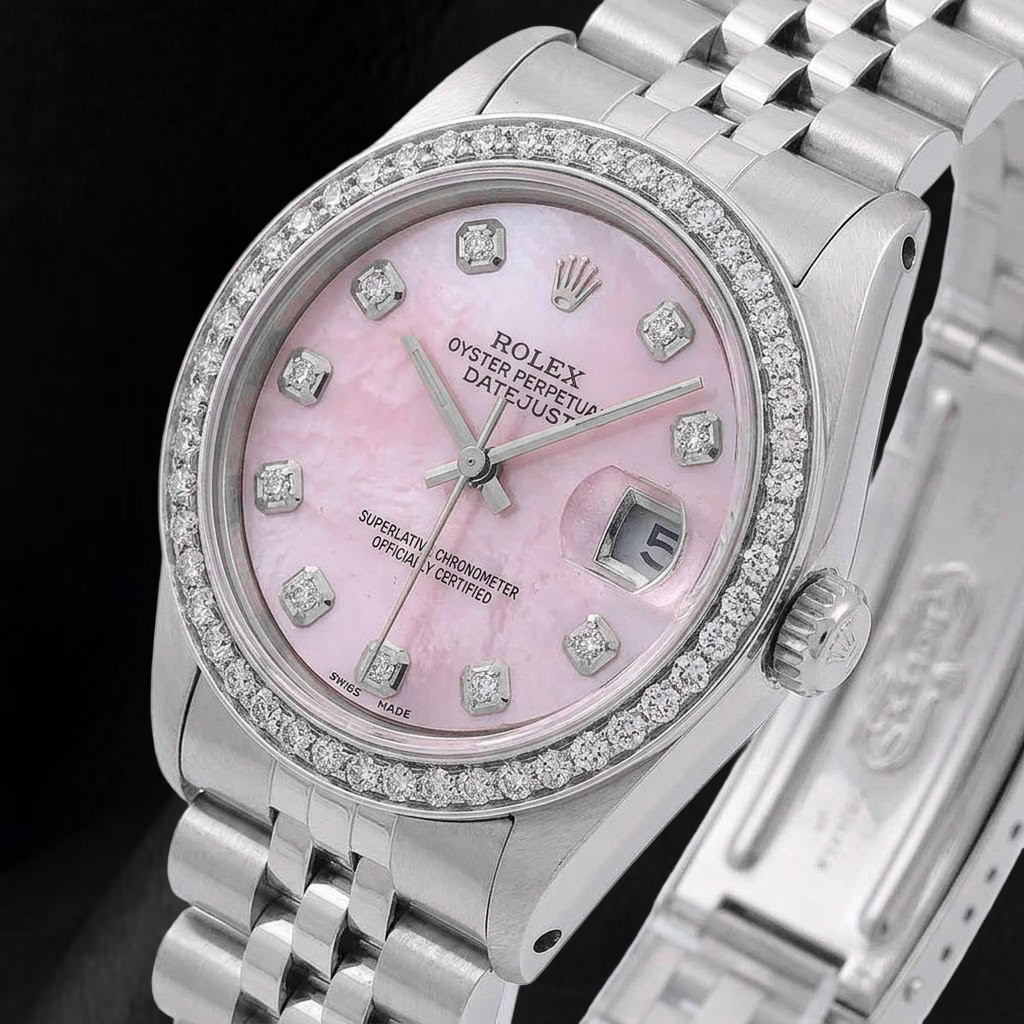 Rolex 31mm Pink Mother Of Pearl Diamond Dial Stainless Steel Watch